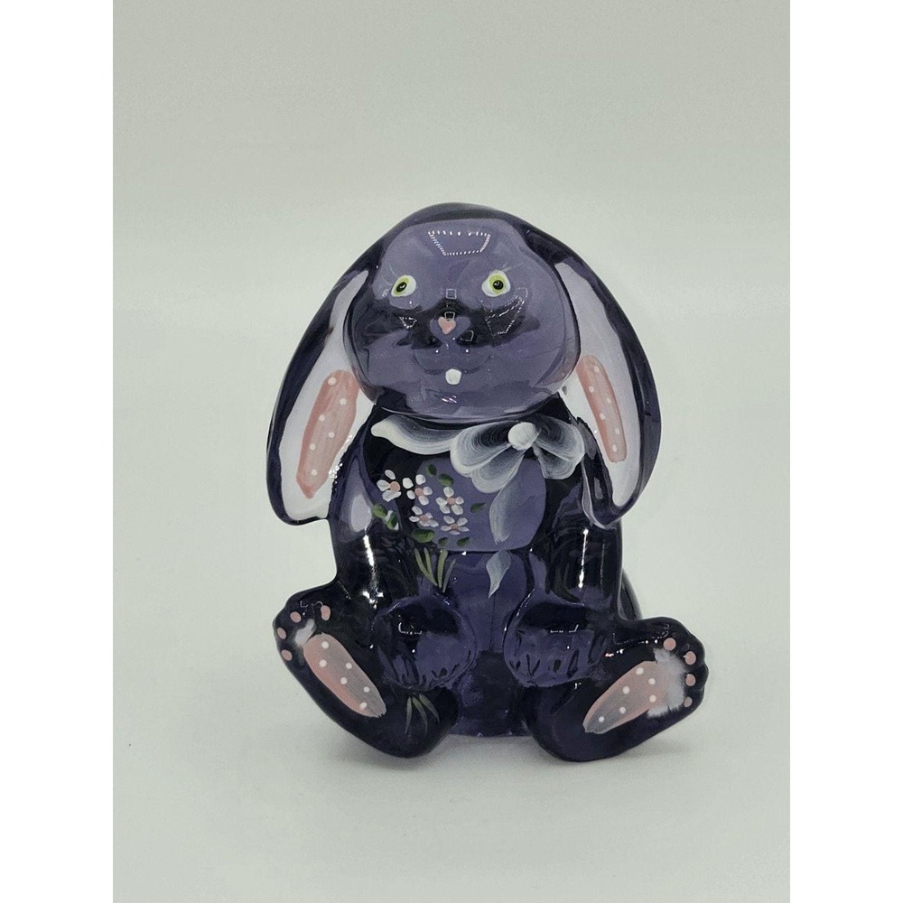 Fenton‎ Art Glass Amethyst Purple Bunny Hand Painted Floral Flowers Signed